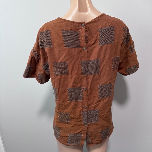 Roolee Wallace Button Back Patchworck Brown Short Sleeve Top Shirt Small Fall - Picture 5 of 6
